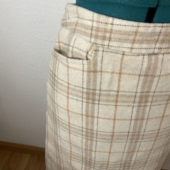 High Waist Beige Cream Brown Plaid Midi Skirt Size Med Lined And With Pockets - Picture 2 of 10